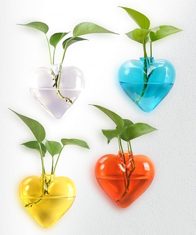 Nacome Wall Hanging Glass Planter Terrarium Plant Propagation Station, 4 Pack Heart Shape Vase for Hydroponic Home Office Garden Decor,Unique Gardening Gifts for Plant Lovers Women Mom(Colored)