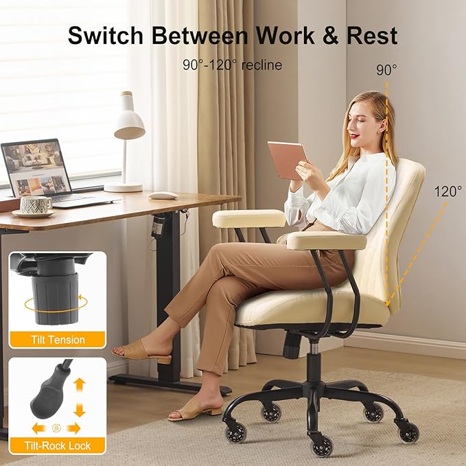 YFO Home Office Desk Chair Office Rubber Casters Ergonomic Computer Chair with Lumbar Support Adjustable Height Rolling Swivel Executive Task Armrests Chair， Cream Leather
