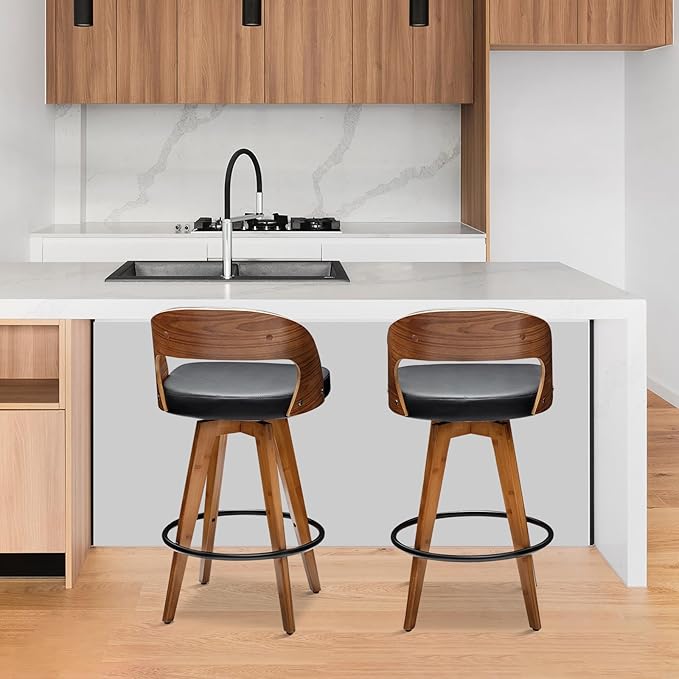 Barstools Set of 2,Counter Height Bar Stools for Kitchen Island,26.8 Inch Modern Upholstered Bar Chair, Swivel Counter Stools with Wood Back and Bamboo Legs (Black-PU)