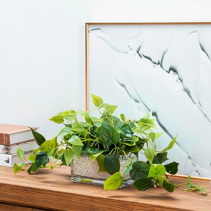 MyGift Artificial Pothos Plants Indoor, Fake Green Leaves Potted in 8 Inch Clear Glass Planter Box with White Pebbles, Faux Greenery Vines Table Centerpiece Home Decor