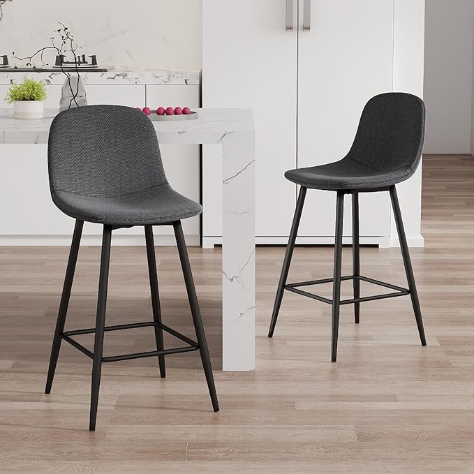Grey Barstools Set of 2, 24.6" Counter Height Bar Stools with Back & Metal Footrest, Modern Island Chairs Set of 2 for Kitchens Island Home Bar
