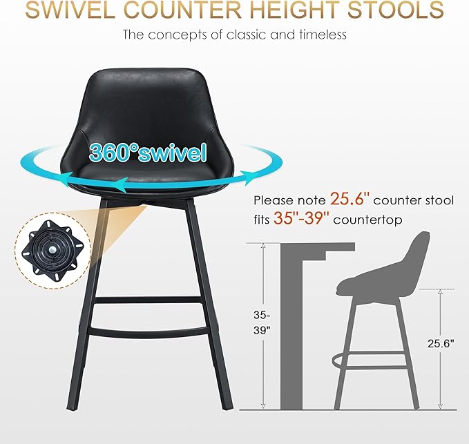 Zesthouse Swivel Counter Height Stools Set of 3, Modern Upholstered Barstools with Backs, 26'' Faux Leather High Chairs for Island Kitchen, Counter Height Chairs with Metal Legs, Black