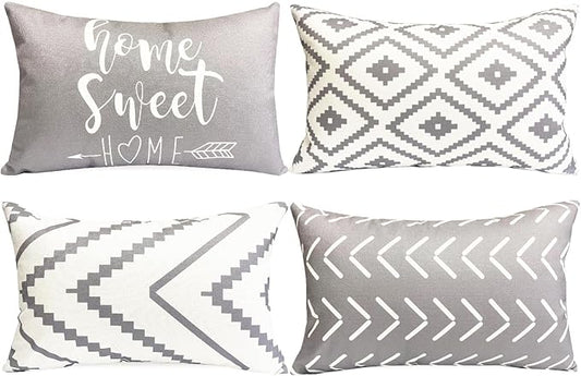 Decorative Throw Pillow Covers Set of 4 Grey Geometric 12x20 Inch Linen Pillow Cases, Farmhouse Outdoor Geometric Pillow Covers for Couch Sofa Living Room