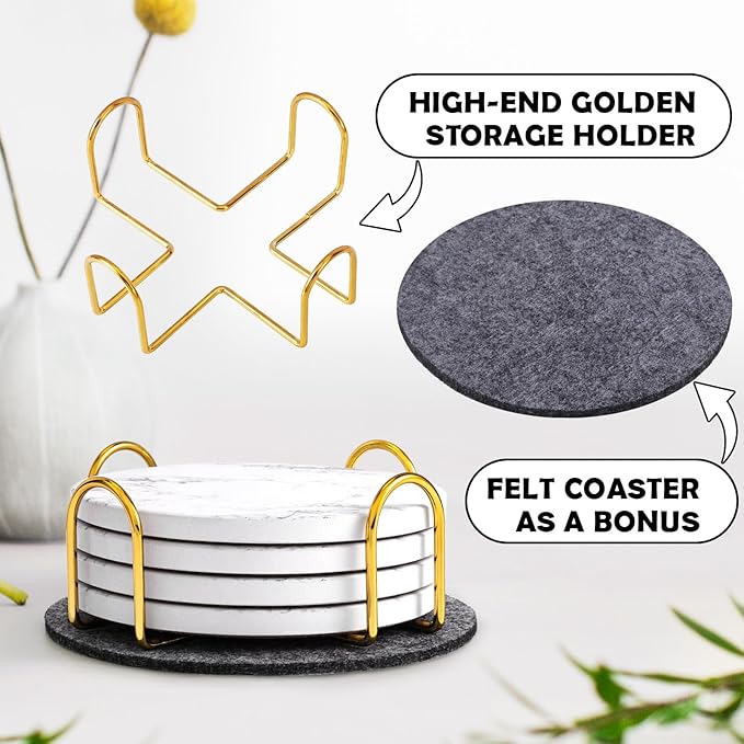 GOH DODD Coasters for Drinks Set of 4, Absorbent Marble Style Ceramic Coaster Tabletop Protection Home Decor with Metal Holder for Coffee Table Housewarming Gifts Wedding Party, White, Round, 4 Inch