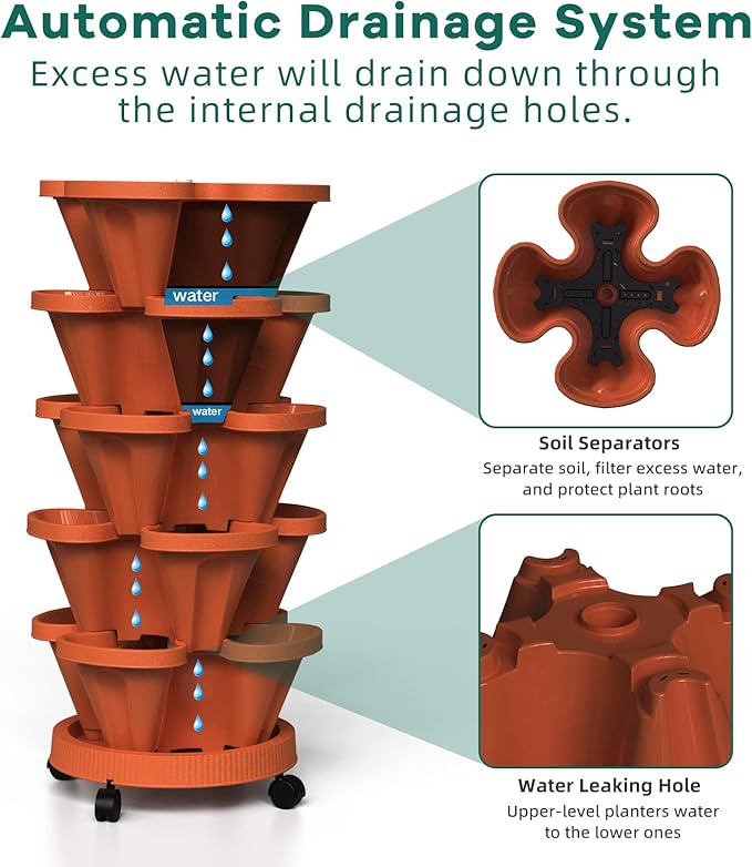 Strawberry Stackable Planter, Vertical Tower Garden, 5 Tiered Stacking Herb Vegetable Planters with Movable Casters and Bottom Saucer Indoor and Outdoor - Terra Cotta
