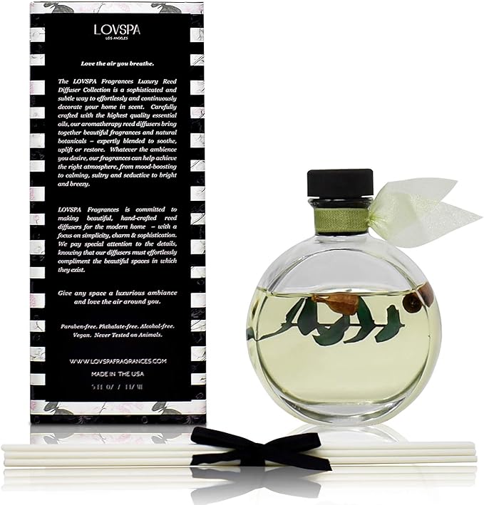 LOVSPA Reed Diffuser Set, Unwind Eucalyptus & Mint Scented Oil Diffuser with Sticks, Home Fragrance Accessories for Bathroom Shelf Decor, Aroma Diffusers for Home or Office Desk, USA Made