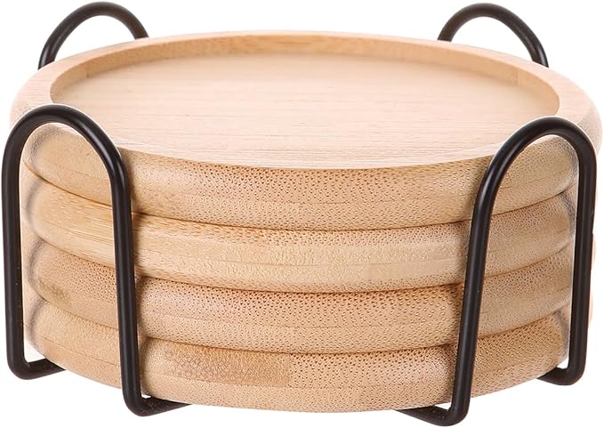 Bamboo 4 inch coaster [4 pcs] Coasters with Holder - Drinking Coasters - Cup Mat for Drinks - Live for Hot or Cold Drink - Non-slip and non-stick,Suitable for Kinds Cups and Living Room Decor