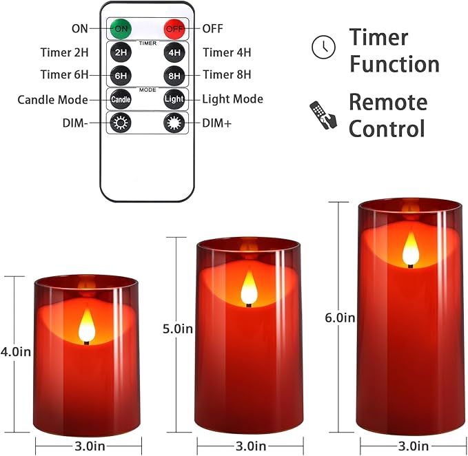NURADA Flameless Candles with Remote Timer: 3D Wick Battery Operated Led Pillar Fake Candle Set for Wedding Birthday Valentine's Day Christmas Decorations - Red 3 Pack