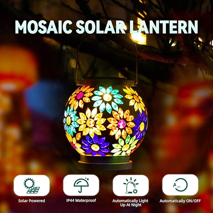VOREEN Mosaic Solar Lanterns, Handmade Outdoor Glass Hanging Lights, Waterproof Solar Table Lamps, Gift for Mom Wife Friend, Decoration for Garden, Patio, Yard, Party, Balcony, Floral Pattern