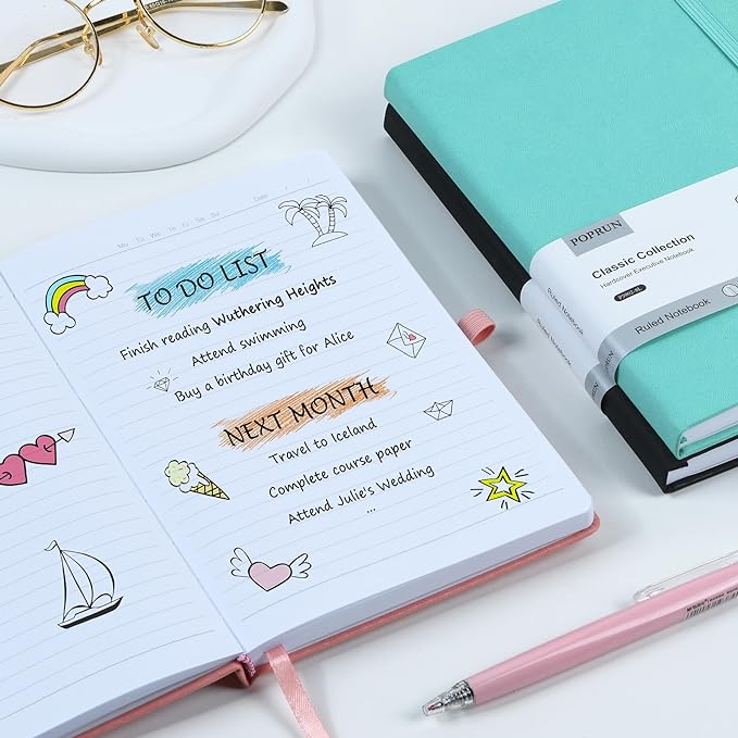 POPRUN A5 Lined Journal Notebooks, 8 Pack Leather Hardcover Thick Notebook for Writing, Business Work, Travel, School, College, 5.5 x 8.3 inch, 240 Pages Classic Ruled Journals Notepad, Multicolored