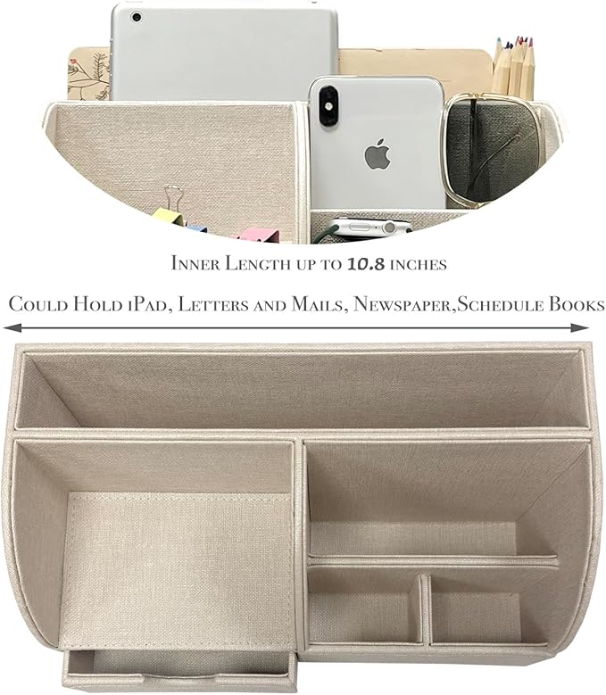 UnionBasic Desk Organizer - Multifunctional Leather Desktop Pen Holder Storage Box - Business Card/Pen/Pencil/Mobile Phone/Stationery Holder, Beige Linen Texture Revised