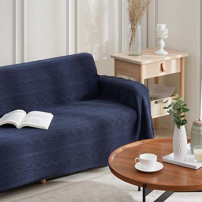 BOURINA Navy Throw Blanket 50 x90 Inches Throw Textured Solid Soft Sofa Throw Bed Runner Couch Cover Knitted Decorative Blanket Bed Runner