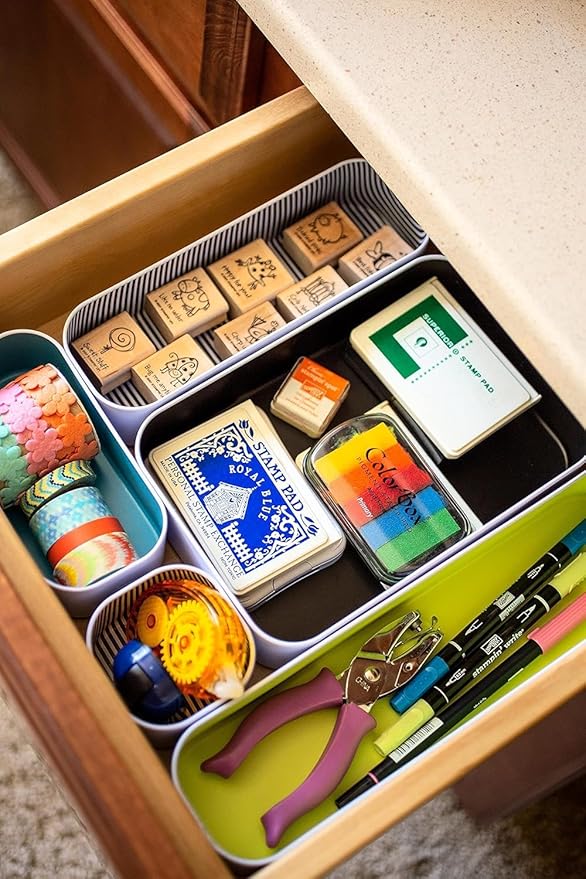 Three by Three Seattle 10 Piece Metal Organizer Tray Set for Storing Makeup, Stationery, Utensils, and More in Office Desk, Kitchen and Bathroom Drawers (2 Inch, Assorted Colors, Stripes)