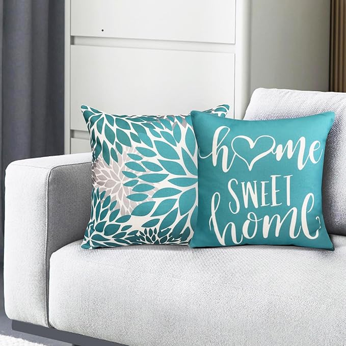 Teal Linen Decorative Throw Pillow Covers 18x18 Pillow Covers for Couch Sofa Bed Living Room Set of 4,Outdoor Pillow Covers Boho Throw Pillow Cover Square Pillowcase Farmhouse Home Decor