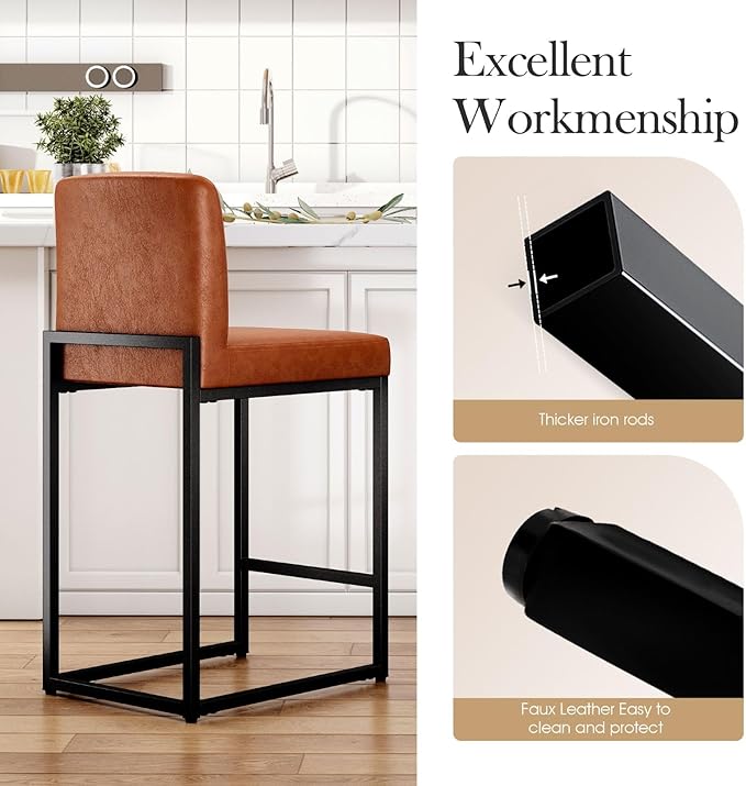 Sophia & William Brown Bar Stools Set of 2, Counter Height 24" Bar Stools for Kitchen Island, Modern Leather Barstools with Back