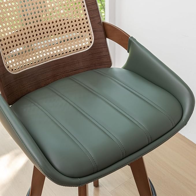 Counter Stools Set of 4 - 26.4 inch Counter Height Swivel Bar Stools with Cane Back, Curved Arms, Faux Leather Upholstered Seat, Counter Chairs for Island/Pub/Kitchen/Cafe (26" Seat Height, Green)
