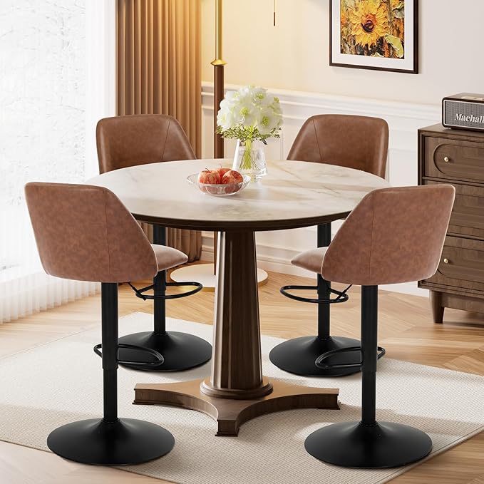 COLAMY Bar Stools Set of 4, Modern Swivel Bar Chairs, Adjustable PU Leather Upholstered Barstools Counter Height with Full Backrest for Bar, Dining Room, Kitchen Island, Brown