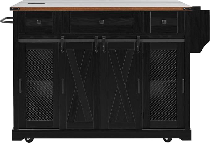 Merax Farmhouse Rolling Kitchen Island on Wheels with Drop Leaf Table & Power Outlet, Wood Kitchen Cart on Wheels with Spice Rack, Glass Holders, 3 Drawers & Cabinet, 58" Wide Black