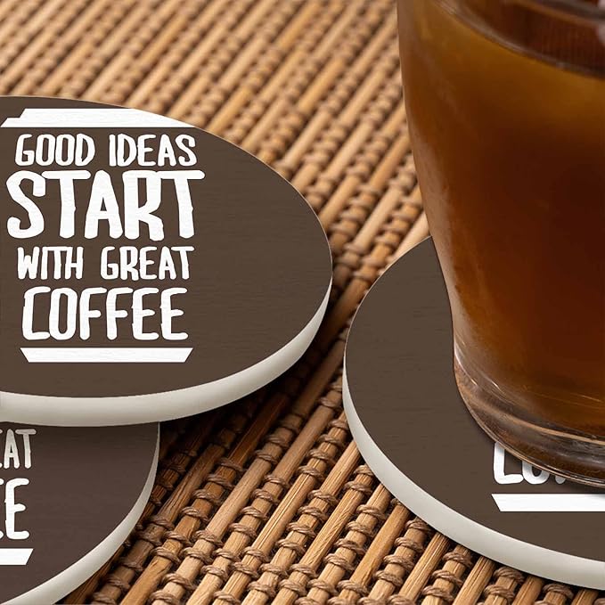 Coffee Quote Coaster for Drinks Individual Good Ideas Start with Great Coffee Motivational Cafe Creative Words Presents for Housewarming Birthday and Family 100% Diatomite 4''X 4'',2 Pack
