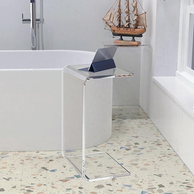 Acrylic Side Table, 24" L x 15" W x12'' H x3/5'' Thick C-Shape Clear Modern Decorative End Table, Multipurpose Coffee Table for Living Room, Bedroom and Office (1pcs)