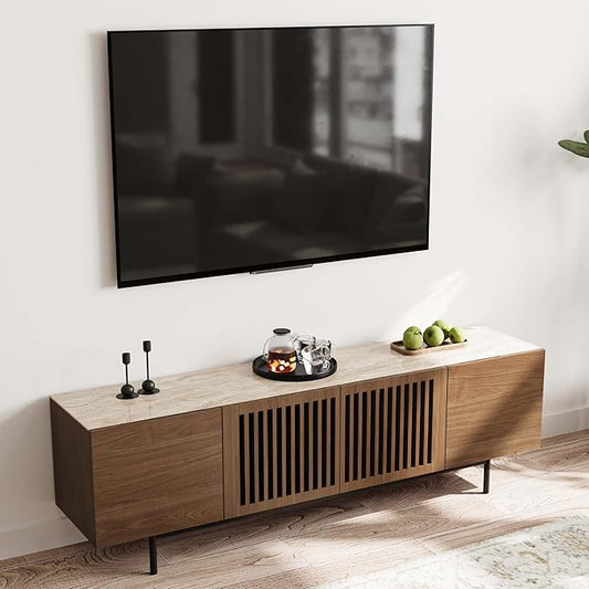 POVISON Mid Century Modern Sintered Stone TV Stand, Slatted Media Console TV Cabinet with Tall-cast Metal Legs, Fluted Entertainment Center with Storage, Fully-Assembled (Walnut, 70.87")