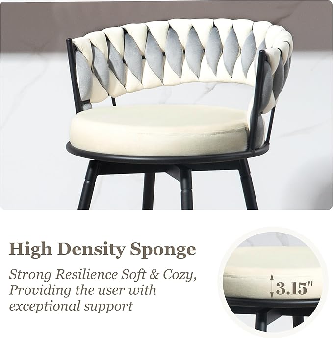 Swivel Bar Stools Set of 4, 24 Inches Modern Counter Height Bar Stools with Woven Back, White Upholstered Suede Tall Barstools for Kitchen Island, Cafe