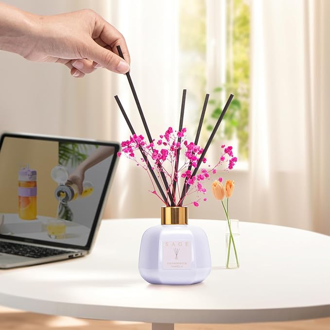 SAGE Hotel Reed Diffuser - Inspired by Ritz Carlton Hotel | 3.4oz Vanilla Strawberry Scent Diffusers for Home | Preserved Real Flower & Oil Diffuser Sticks | Nightstand or Bathroom Decor for Shelves