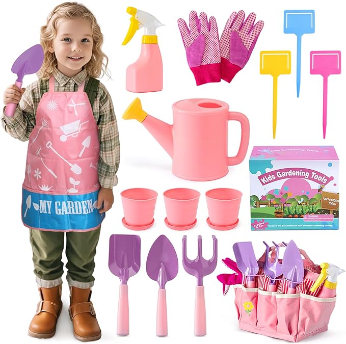 Kids Pink Gardening Tools Set, Garden Toys w/Metal Rake, Shovel, Trowel, Watering Can, Gloves, Tote Bag, Plant pots, DIY Bookmark Kits, Spring Summer Toy Outdoor Gift for Toddler Boy Girl