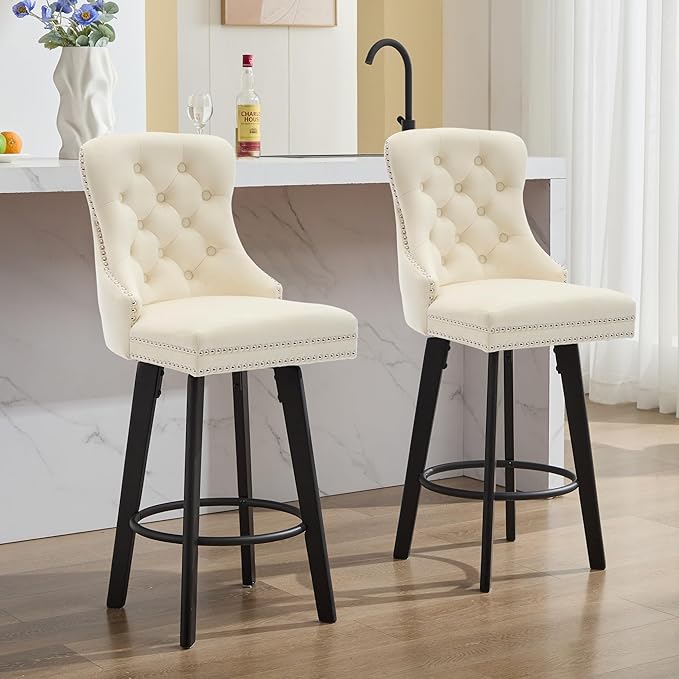 YISHENG Modern Swivel 27" H Seat Velvet Barstools with Backrest and Footrest,Button Tufted Rivet Trim Dining Room Chairs with Metal Pull Ring for Kitchen Island，Bistro, Home Bar，Cream 1PC