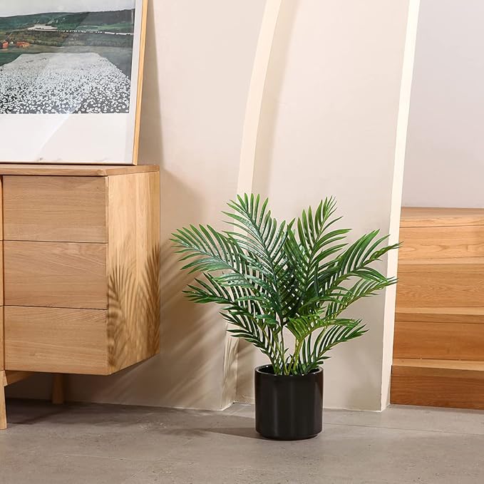 LOMANTO Fake Majesty Palm Plant 2Ft Artificial Plants for Home Decor Indoor Small Faux Trees in Pot Fake Tropical Plants for Housewarming Gift 1Pack