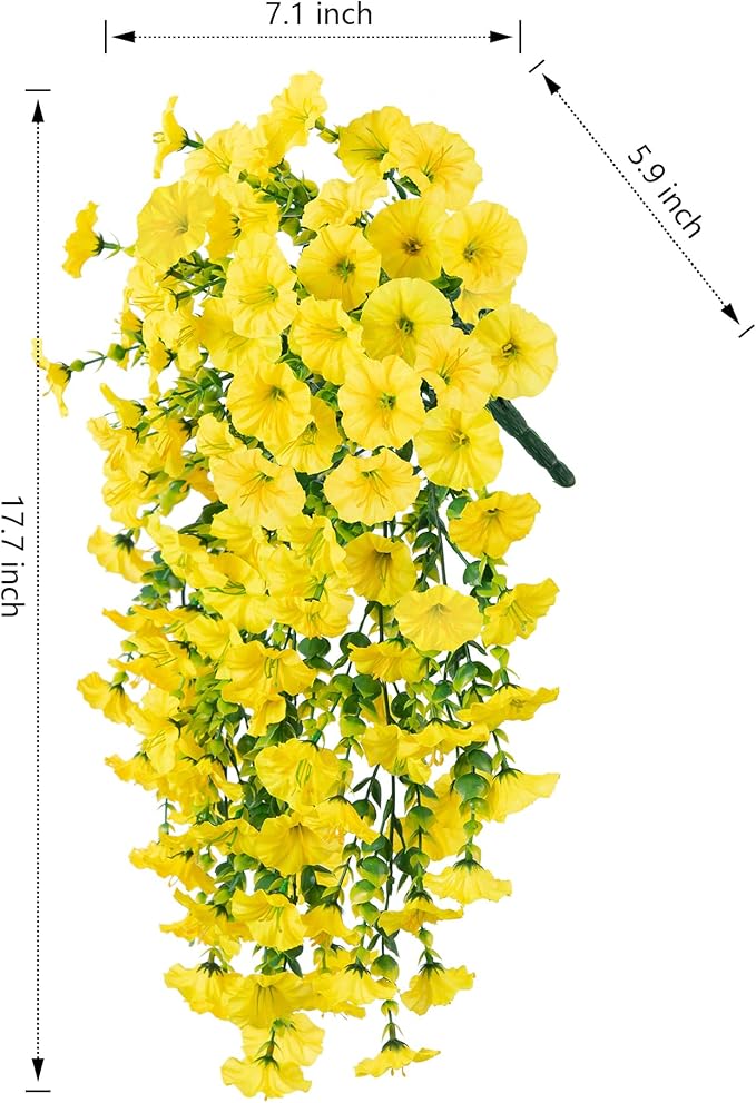 Ivydale 2 PCS Artificial Hanging Flowers Fake Plants Outdoor,Silk Morning Glory Faux Flowers with Eucalyptus Leaves,UV Resistant Realistic Hanging Petunias Plants for Home Garden Decor (Yellow)