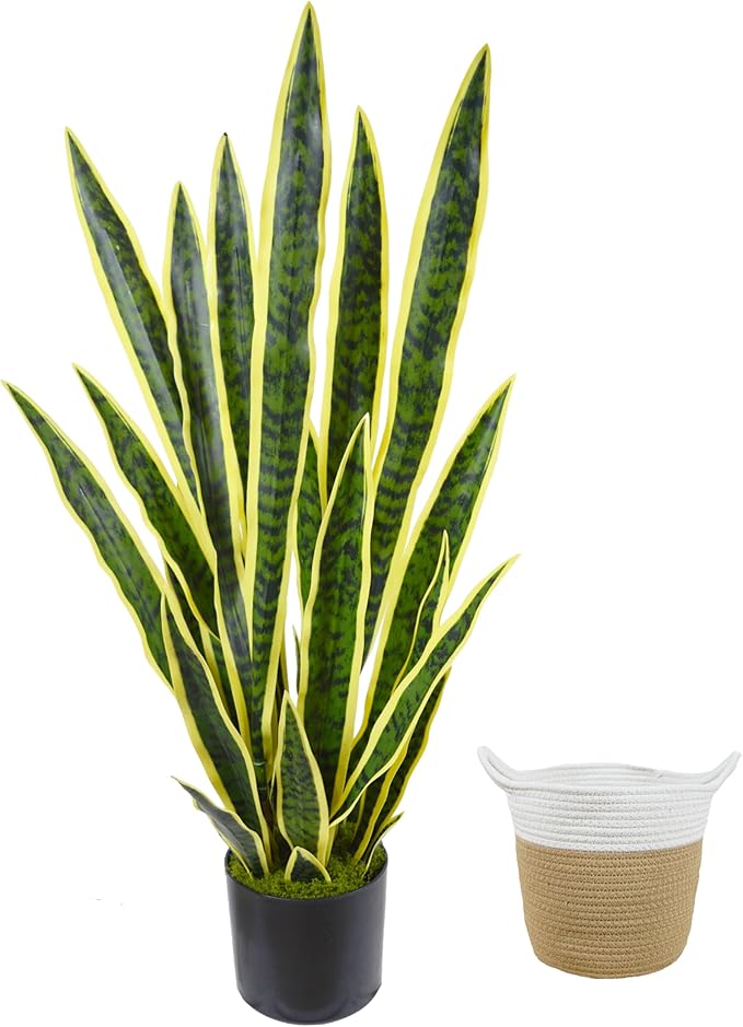 Artificial Snake Plant, 3ft Fake Sansevieria with Basket, 35" Fake Mother in Law Plants, Perfect Faux Potted Plant Greenery for Indoor Home Office Store Lifelike Decoration (Yellow)