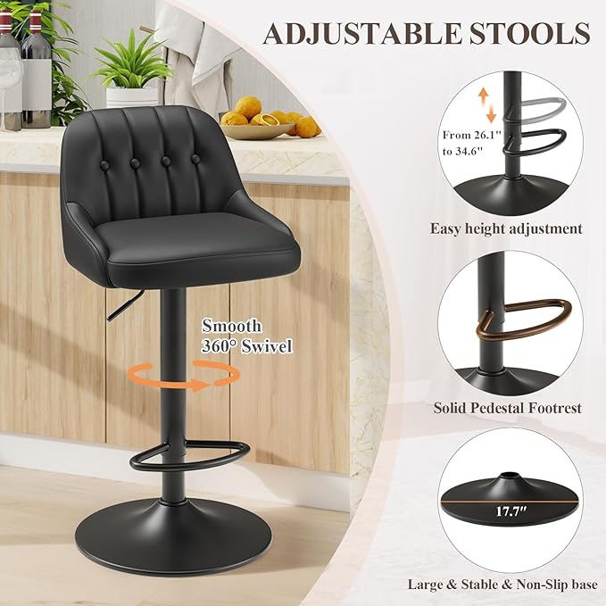 Bar Stools Set of 1, Swivel Bar Chairs, Modern Adjustable PU Leather Upholstered Barstools Counter Height with Tufted Back for Bar, Kitchen Counter Island, Dining Room, Black