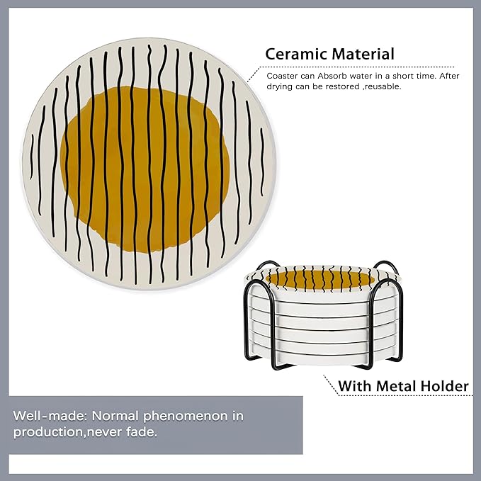 6 Pcs Coasters for Drinks with Holder,Abstract Art Minimalist Absorbent Coaster with Cork Backing,Great Gift for Housewarming,Room Decor,Bar,Holiday Party