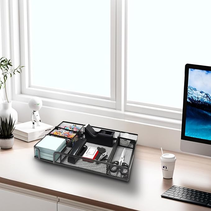 Black Office Desk Accessories, Black Office Supplies Set, Desk Drawer Organizer,Stapler and Tape Dispenser Set,Tape,Staple Remover, Staples, Paper Clips, Scissor and Sticky Note (Black)