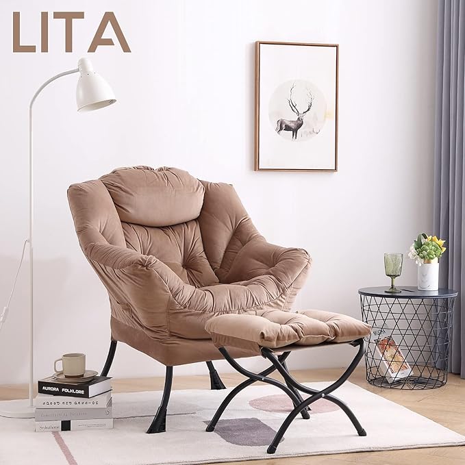 LITA Velvet Dark Brown Contemporary Accent Leisure Upholstered Sofa Chair with Ottoman, Modern Lounge Reading Chair for Living Room, Bedroom & Small Space