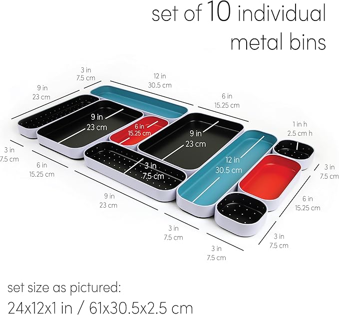 Three by Three Seattle 10 Piece Metal Organizer Tray Set for Storing Makeup, Stationery, Utensils, and More in Office Desk, Kitchen and Bathroom Drawers (1 Inch, Blue Black Red and Dots)