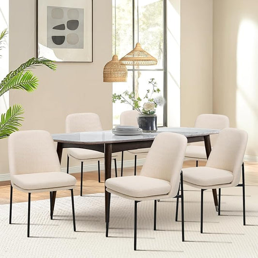 COLAMY Dining Chairs Set of 6, Fabric Upholstered Dining Room Chairs Dinner Chair Stylish Kitchen Chairs with Curved Back and Metal Legs, Beige