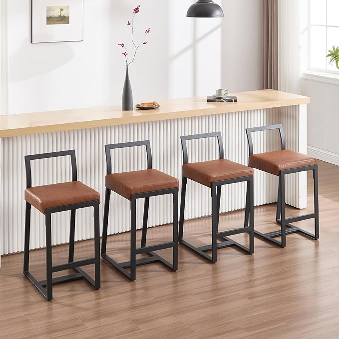 26’’ Modern Bar Stools Set of 4, Upholstered PU Leather Bar Chairs with Backrest Armless Counter Height Stools with Metal Frame for Kitchen Island Dining Room, Brown