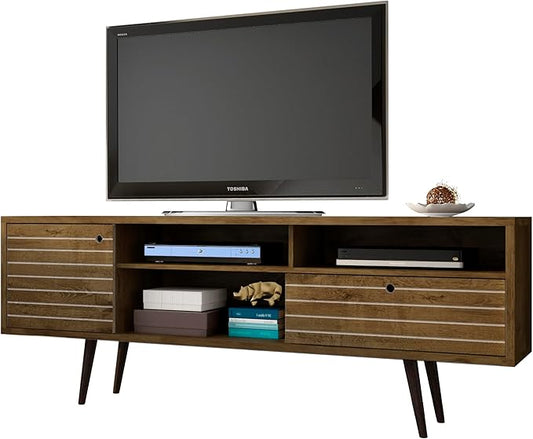 Manhattan Comfort Liberty Collection Mid Century Modern TV Stand With Three Shelves and Two Cabinets With Splayed Legs, Wood, Rustic Brown, Large (202AMC9)