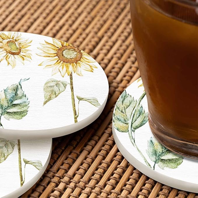 Yellow Sunflower Coasters for Coffee Table Bright Color Flowers Botanical Floral Nature Beauty Blossom Sketch Housewarming Presents for Women Men Home Decor Office Kitchen Living Room 2 Pcs