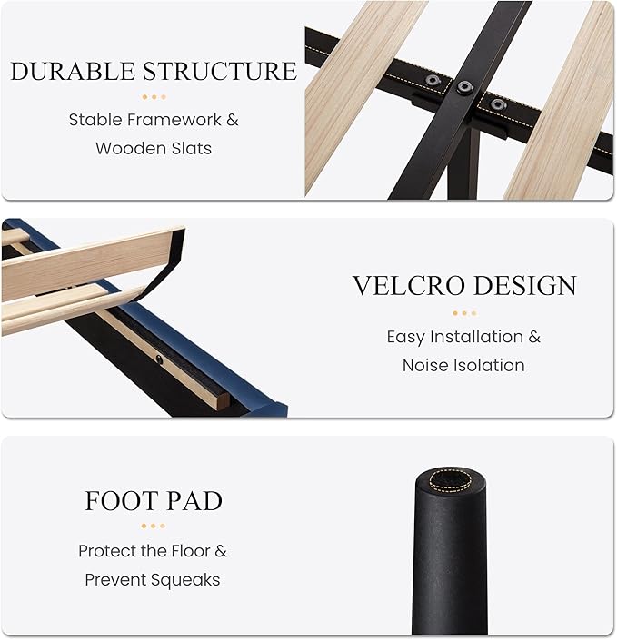 SHA CERLIN King Size Velvet Bed Frame with Vertical Channel Tufted Wingback Headboard, Upholstered Platform Bed with Wood Slats, No Box Spring Needed, Easy Assembly, Blue