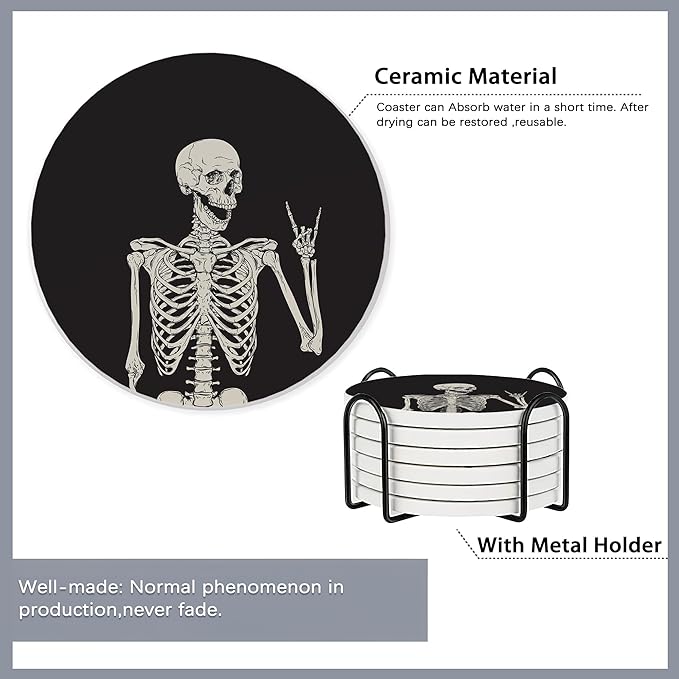 Drink Coasters Set of 6 with Holder,Human Skeleton Posing Skull Head Absorbent Ceramic Coasters with Cork Base,Fit All Cups,Tabletop Protection Mat for Mugs and Cups,Office,Kitchen