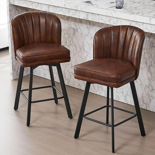 Swivel Counter Height Bar Stools Set of 2, 26'' Modern Barstools with Backs and Metal Legs, Upholstered Bar Chairs, Faux Leather Brown Stools for Kitchen Island Chairs