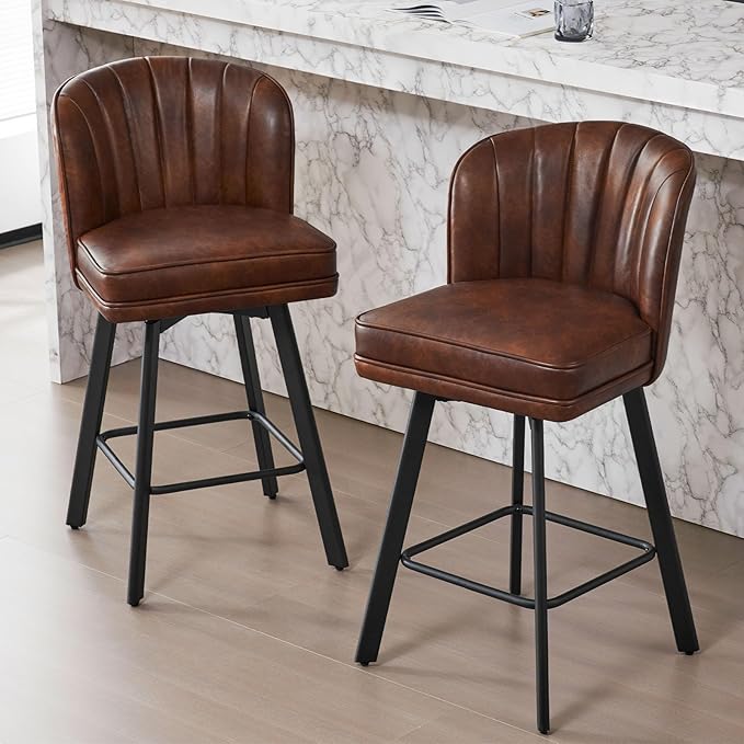 Swivel Counter Height Bar Stools Set of 4, 26'' Modern Barstools with Backs and Metal Legs, Upholstered Bar Chairs, Faux Leather Brown Stools for Kitchen Island Chairs