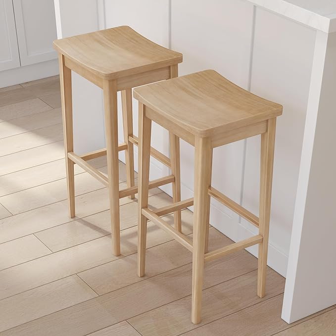 Plank+Beam Smythe Bar Stool, 30", Set of 2, Sturdy Wood Modern Kitchen Bar Height Stool, Saddle Seat Backless Counter Chair, Metal Footrest, Blonde