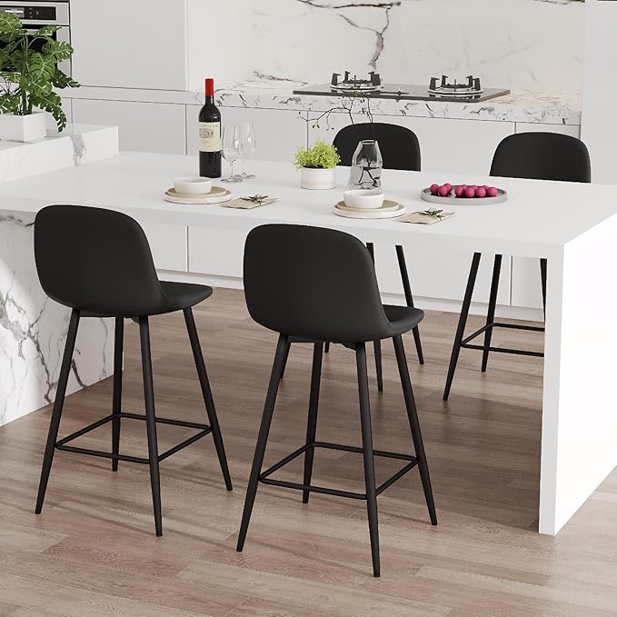 Counter Height Bar stools Set of 4, 24.6" Black Kitchen Bar Stools with Back & Metal Footrest, Modern Island Chairs Set of 4 for Kitchens Island Home Bar
