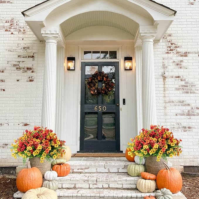 Artificial Fake Fall Mums Flowers Plants Outdoor,18 Bundles Faux Plants Outside No Fade Plastic UV Resistant for Front Door Porch Patio Balcony Garden Yard Decorations