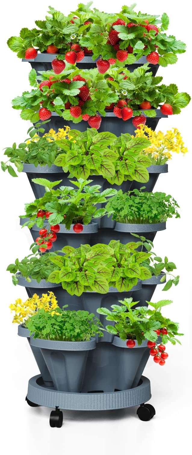 Strawberry Stackable Planters, Vertical Tower Garden, 6 Tiered Stacking Herb Vegetable Planters with Movable Casters and Bottom Saucer Indoor and Outdoor - Dark Grey