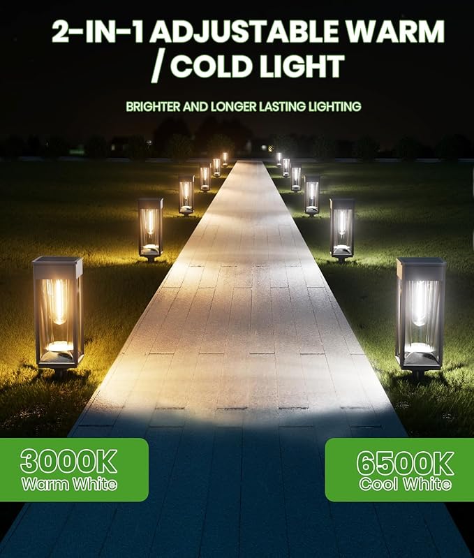 Solar Lights Outdoor Pathway, 4 Pack 2-in-1 Warm&Cool, Bright Solar Path Lights Waterproof IP65, Solar Outside Light Auto On/Off, Long Lasting Light for Yard, Patio, Garden, Landscape Decor